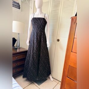 Vintage Adrianna Papell Black Glitter Mesh Maxi Gown Dress Y2K 90s
